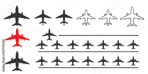 Military Fighter Jet Vector Silhouette Set, Various Angles and Sizes, Combat Aircraft Icons for Aviation Design