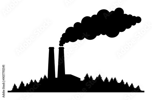 factory chimneys with smoke over forest