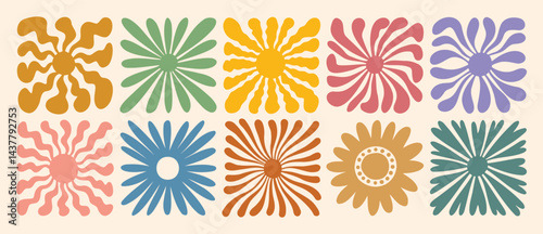retro groovy flower daisy naive icon doodle hand drawn set. abstract wavy ray logo in trendy 70s style. boho colorful groovy sun psychedelic vintage background or summer poster