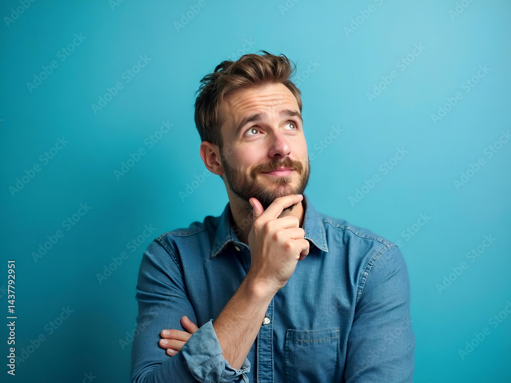 Pensive young man gazes upwards with thoughtful expression on turquoise backdrop Pensive young man gazes upwards with thoughtful expression on turquoise backdrop