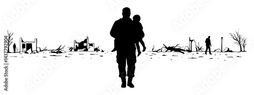 soldier carrying child through ruins silhouette