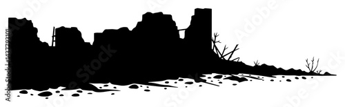 destroyed building ruins landscape silhouette