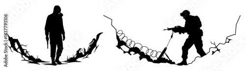 survivor and soldier among ruins silhouette