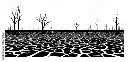 drought landscape with cracked ground and dead trees silhouette