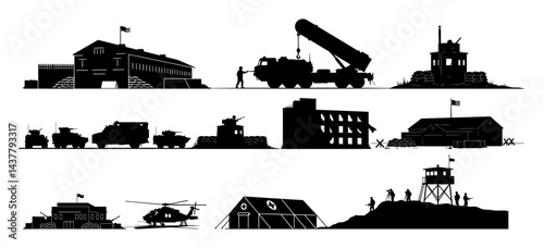 military base and vehicles silhouette set on white background