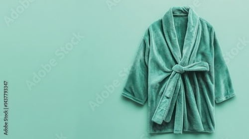 Elegant green bathrobe made of plush fabric displayed on a pastel mint green background for relaxation comfort leisure and spa essentials