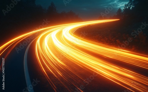 dynamic light trails on a winding road at night with long exposure photography