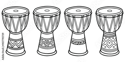 Traditional African Djembe Drums Vector Silhouette Set Hand Drum Percussion Instrument Line Art