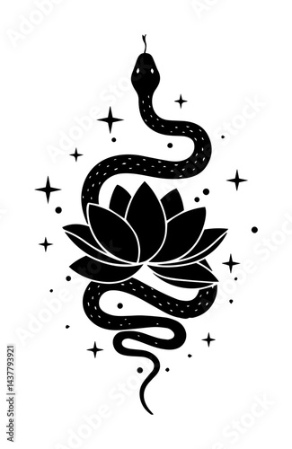 snake coiled around lotus flower classic tattoo flash style art