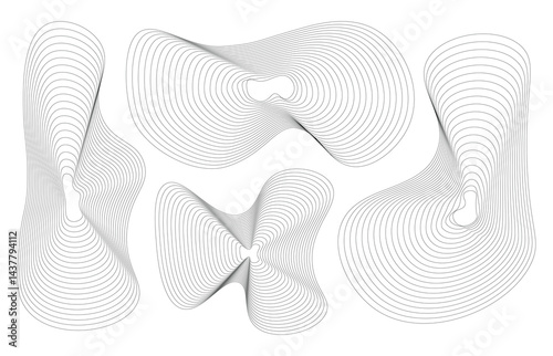 Set of linear fluid shapes vector design. Abstract flowing wavy smooth stripes line circle rings. Digital sound frequency track and voice equalizer speaker. blend lines.