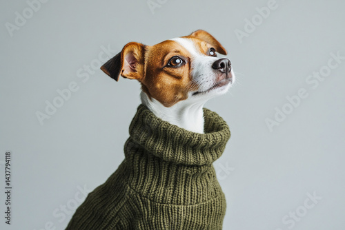 Serious Jack Russell Terrier in olive sweater sitting on light gray background looking away photo
