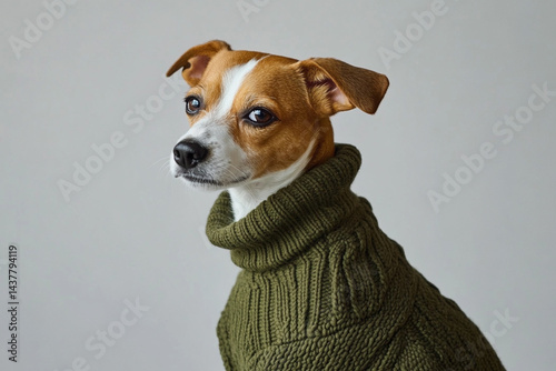 Serious Jack Russell Terrier in olive sweater sitting on light gray background looking away photo