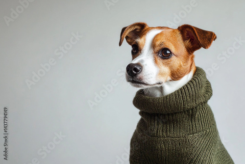 Serious Jack Russell Terrier in olive sweater sitting on light gray background looking away photo