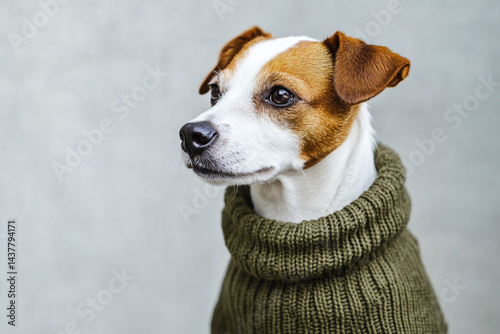 Serious Jack Russell Terrier in olive sweater sitting on light gray background looking away photo