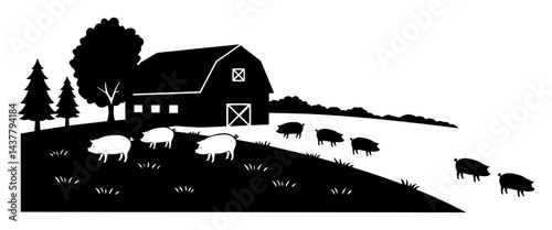 barn in countryside with pigs artistic black cutout