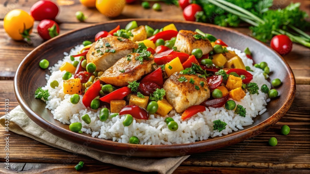 Savory Pan-Seared Protein with Vibrant Medley of Steamed Rice and Colorful Vegetables Savory Pan-Seared Protein with Vibrant Medley of Steamed Rice and Colorful Vegetables