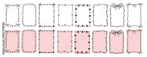 hand drawn doodle pink cute borders for wedding invitation with bows, quirky trendy whimsical frames for girl birthday, wavy borders. Empty cute line frames