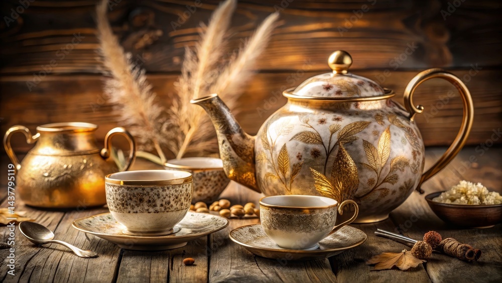 Fototapeta premium Elegant gold tea set with ornate cups and teapot on rustic wooden table