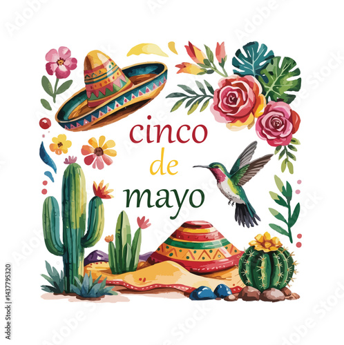 A cheerful and colorful watercolor illustration depicting a Mexican fiesta scene.