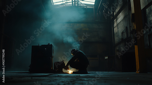 Welder Working in a Dimly Lit Industrial Setting