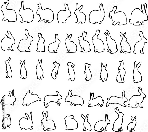 Collection of rabbit animal line drawings. Minimal flat vector bunny illustrations, ideal for logos, prints, Easter decor, and pet designs.
