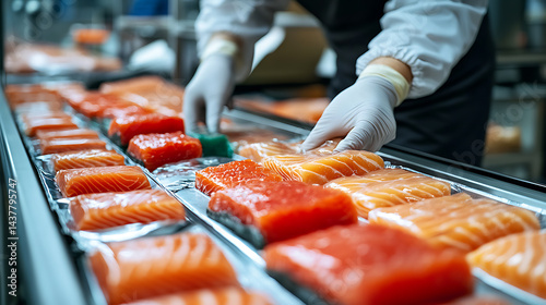 Salmon Fillets Being Handled in a Food Processing Facility