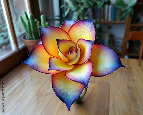Vibrant, multicolored artificial flower with gradient petals on wood