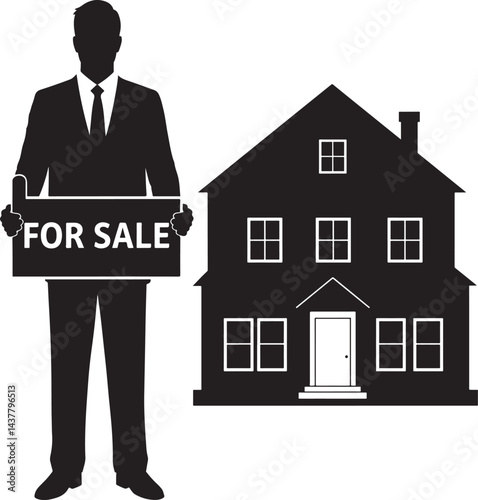 Flat Black Silhouette of Man Holding "For Sale" Sign Next to House – Real Estate Vector Illustration