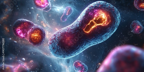 digitally enhanced microscopic view of bacteria showing cellular structures and bioluminescence in vibrant neon colors