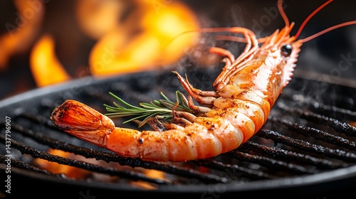 grilled lobster tail with fresh herbs cooking over flames