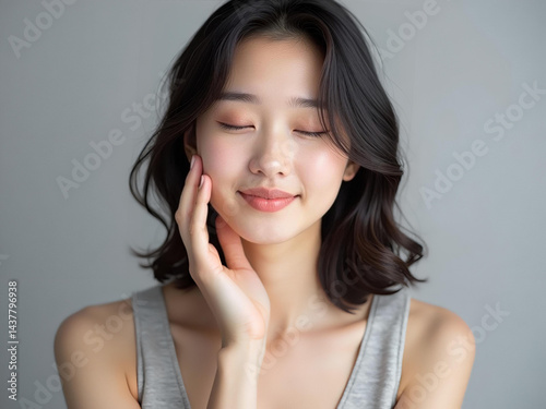 Serene beauty: Asian woman experiencing inner peace with gentle touch to skin
