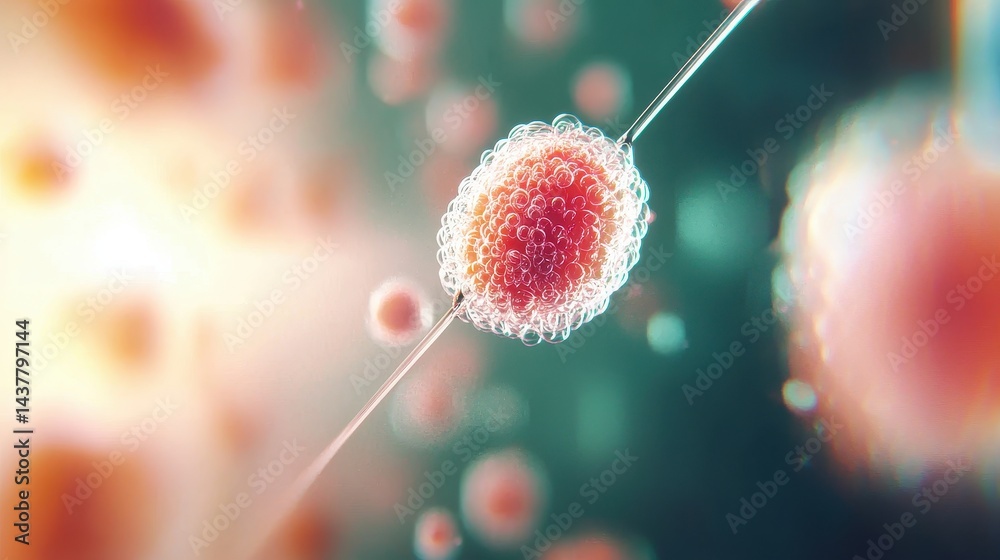 Obraz premium Microscopic Cellular Structure A vibrant detailed image of a single cell suspended on a transparent filament surrounded by a multitude of smaller translucent spheres bathed in soft diffused light