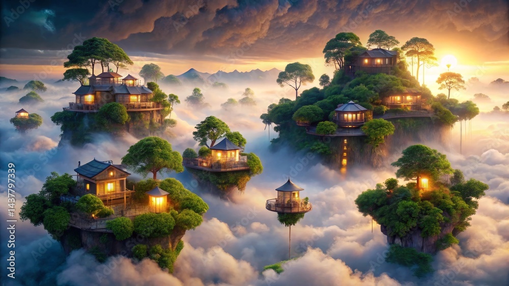 Obraz premium Enchanted Isles A Serene Collection of Treetop Houses Adorned with Warm Lighting, Nestled Among Misty Peaks at Sunrise