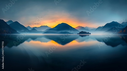 Misty mountain lake at sunrise, reflecting the vibrant sky