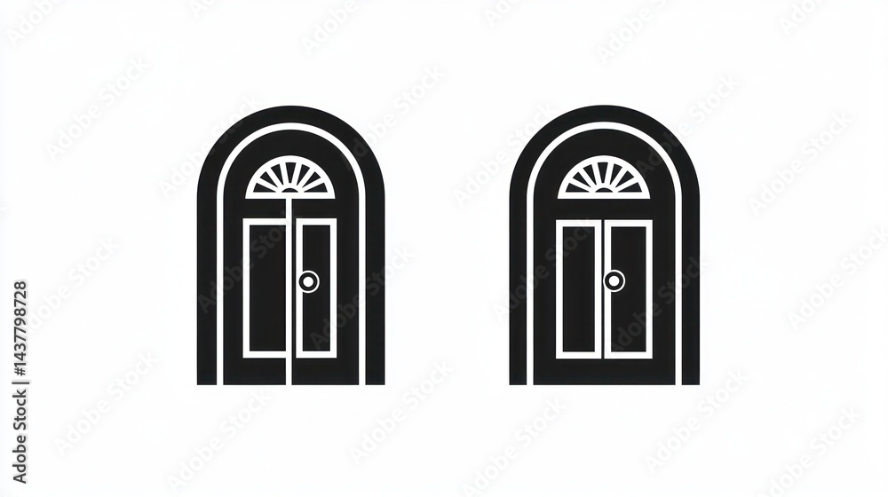 Two arched double doors, simple design, white background, website icons