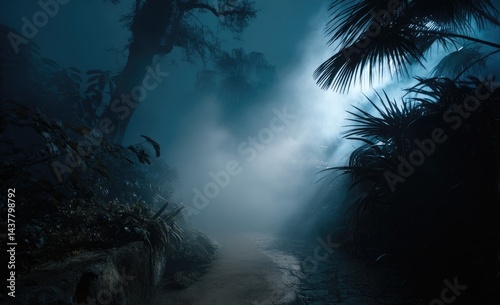 Fototapeta Naklejka Na Ścianę i Meble -  Misty jungle path at night