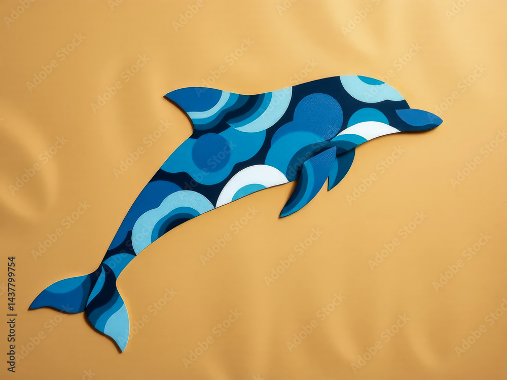 A colorful dolphin with a blue tail is displayed on a yellow background. The dolphin is surrounded by a blue and white pattern, giving it a playful and lively appearance
