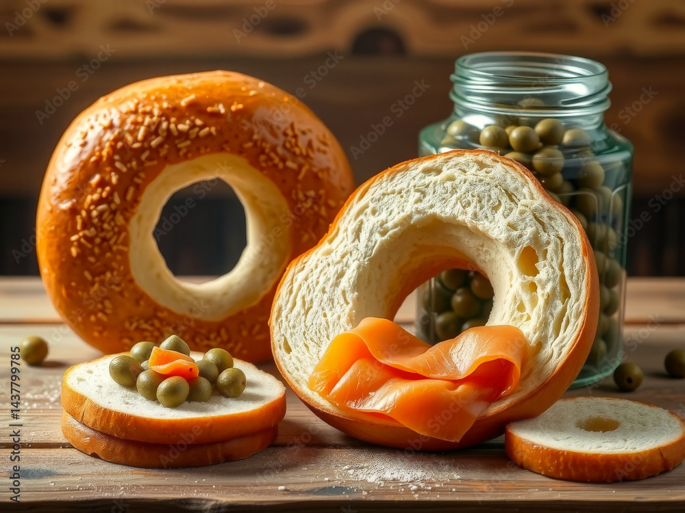 A bagel with a hole in it and a piece of salmon is sitting on a wooden table next to a jar of olives