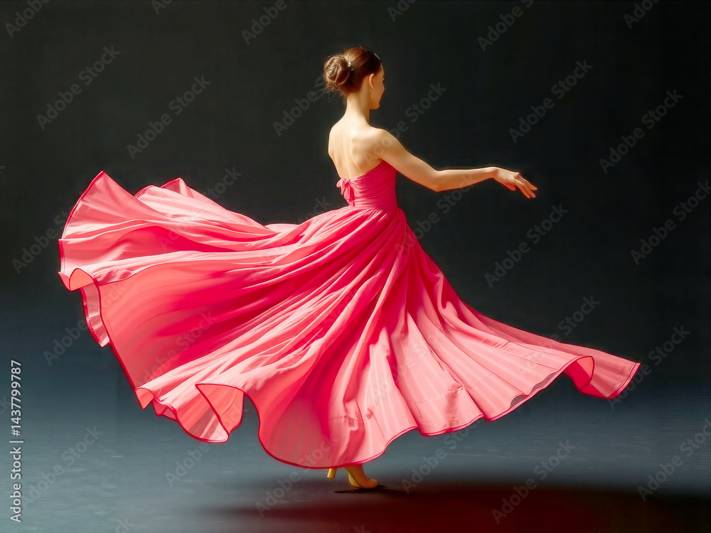 A woman in a red dress is dancing on a stage. The dress is long and flowing, and the woman is wearing a bow. Concept of elegance and grace, as the woman's movements are fluid and graceful