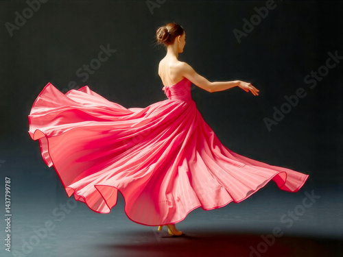Obraz na płótnie A woman in a red dress is dancing on a stage. The dress is long and flowing, and the woman is wearing a bow. Concept of elegance and grace, as the woman's movements are fluid and graceful w salonie