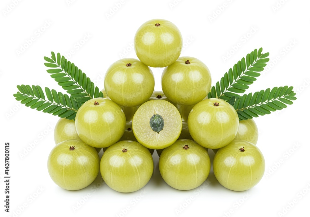 Obraz premium Amla fruit pyramid with green leaves isolated on white background