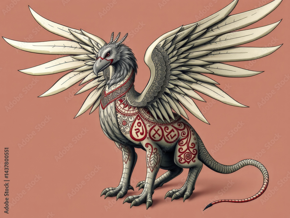 A white dragon with red markings on its body stands on a red background. The dragon has a menacing look on its face, and its wings are spread wide. Concept of power and danger
