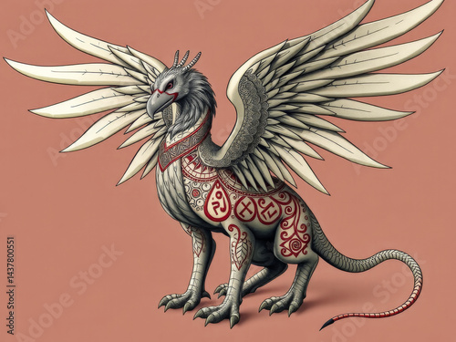 Obraz na płótnie A white dragon with red markings on its body stands on a red background. The dragon has a menacing look on its face, and its wings are spread wide. Concept of power and danger w salonie