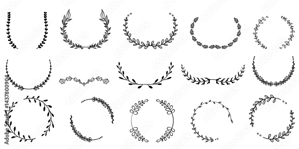 Fototapeta premium Hand Drawn Botanical Laurel Wreath Clipart Collection | Minimalist Leafy Branch Frames for Invitations, Logos, and Decorative Designs