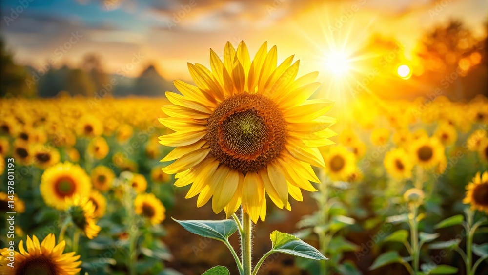 Fototapeta premium Golden Sunflower in a Field at Sunset, Bathed in Warm Light and Vibrant Colors, a Symbol of Summer's Radiant Beauty