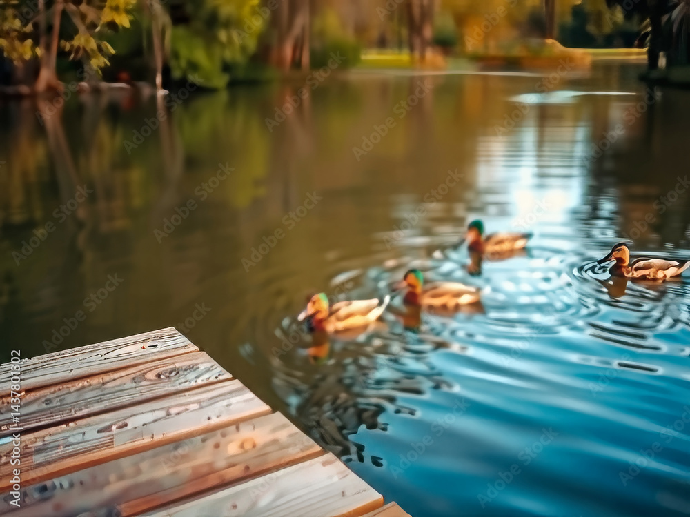 A group of ducks are swimming in a pond near a dock. The water is calm and the ducks are enjoying their time