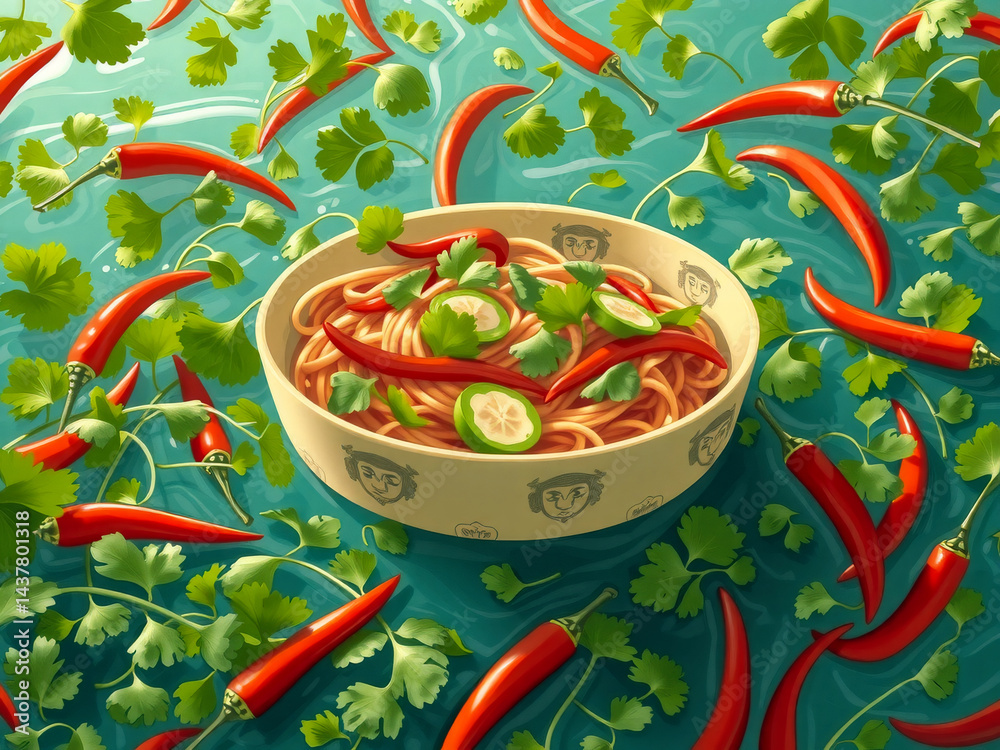 A bowl of noodles with peppers and cilantro on top. The bowl is decorated with a face and the peppers are scattered around the bowl