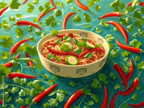 Obraz na płótnie A bowl of noodles with peppers and cilantro on top. The bowl is decorated with a face and the peppers are scattered around the bowl w salonie