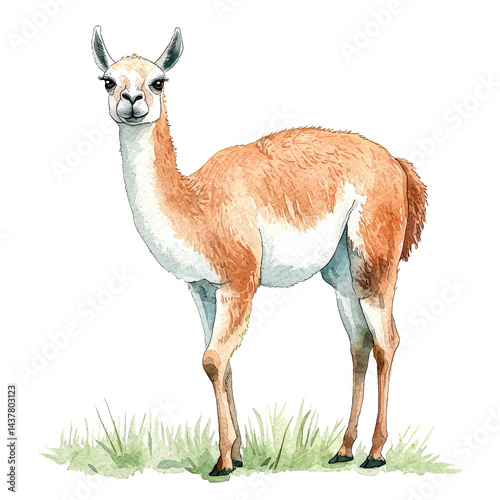 Isolated Guanaco Standing Gracefully in Natural Habitat with Green Grass and Soft Fur Detailing