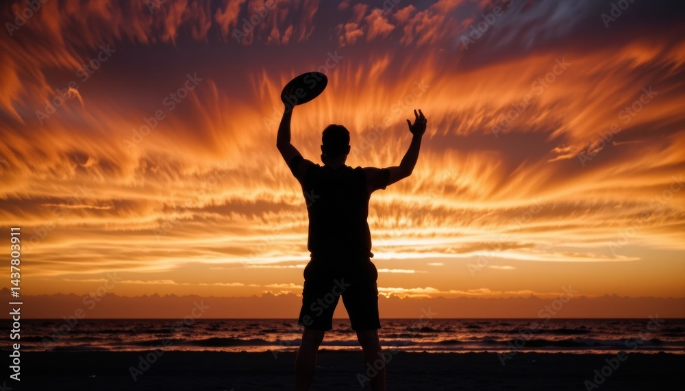 Fototapeta premium Silhouette of a person throwing a rugby ball at sunset.